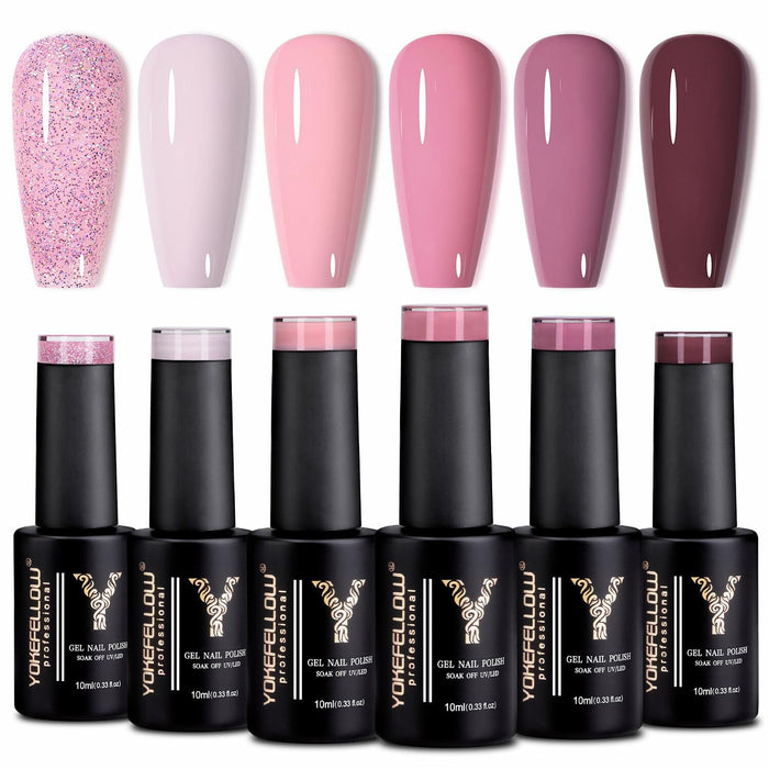 YOKE FELLOW Gel Nail Polish Set 6 Pcs 10ML Nude Pink Glitter Gel Polish by Deal US