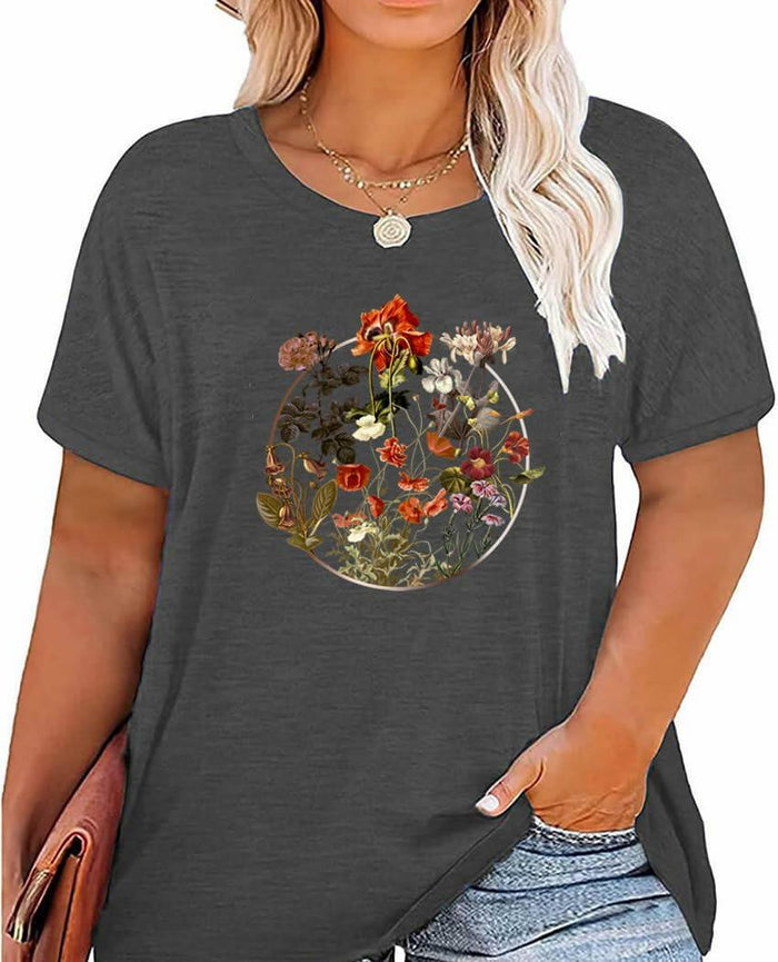 GeLivable Women Plus Size Floral Graphic O Neck Short Sleeve T Shirt by Deal US