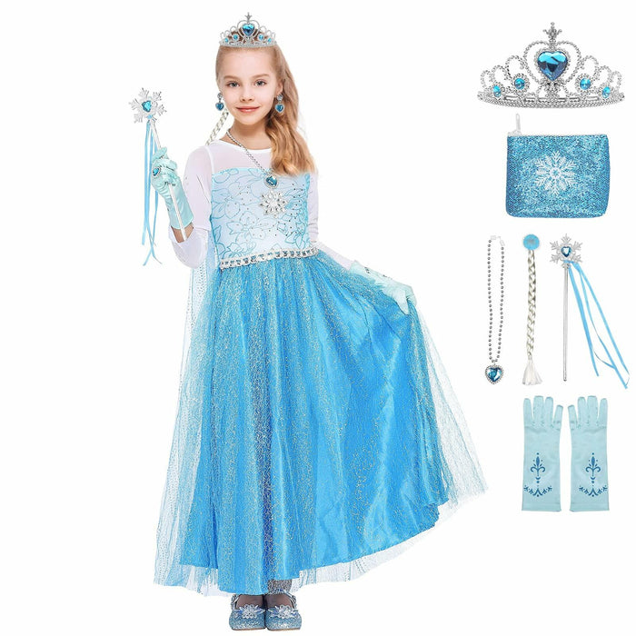 Tackview Girls Princess Costume Dress Blue with Handbag Crown Wand Size M by Deal US
