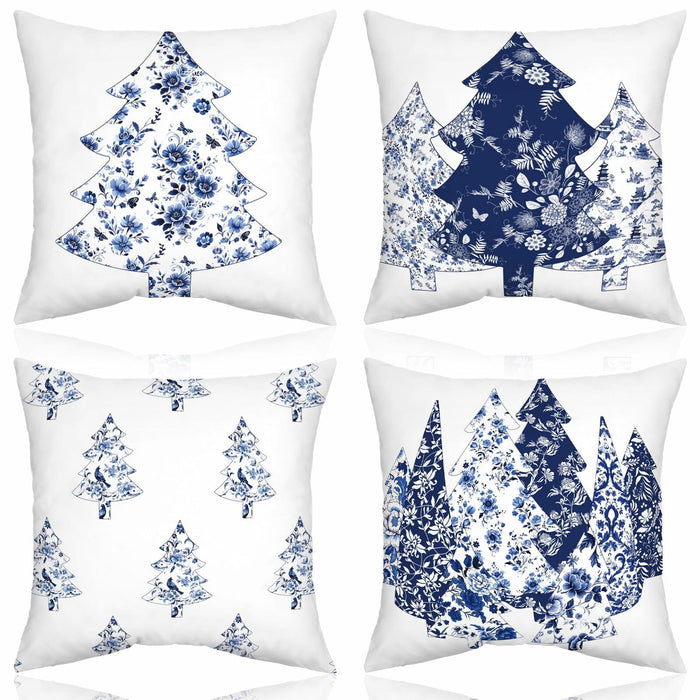 Mixweer Chinoiserie Christmas Tree Throw Pillow Covers 18x18 Blue 4 Pc by Deal US