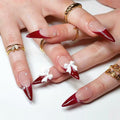 Red French Press On Nails Almond Medium Glossy Bow Pearl 24 Pcs by Deal US