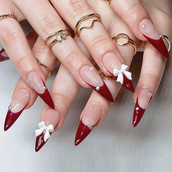 Red French Press On Nails Almond Medium Glossy Bow Pearl 24 Pcs by Deal US