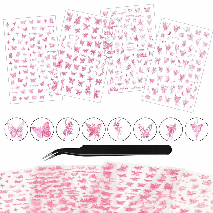 kikonoke 3D Butterfly Nail Stickers Laser Pink Sun Moon Star 4 Sheets by Deal US