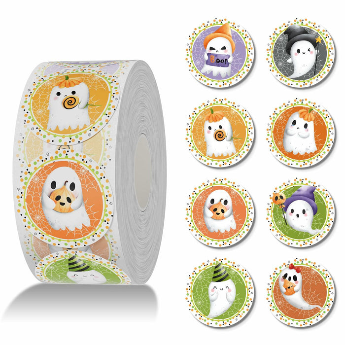 ZAEW Halloween Sticker Roll 500pcs 1.5" Colored Ghosts Round Decals by Deal US