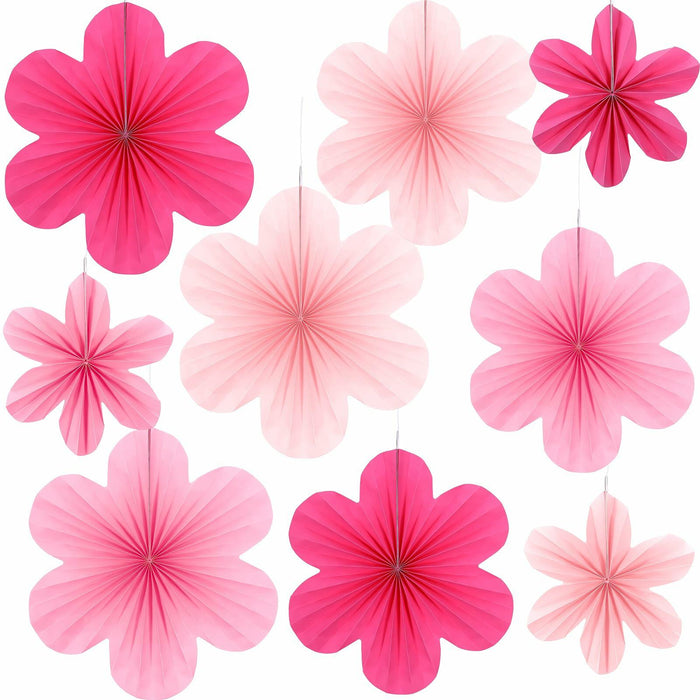 Telooco 9Pcs Pink Paper Fans & Flowers Party Decorations Hanging Set by Deal US