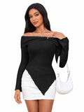 MakeMeChic Y2K Off Shoulder Long Sleeve Knit Top Black Size S by Deal US