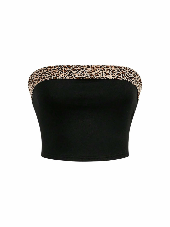 BEAUDRM Women's Leopard Crop Tube Top Strapless Sleeveless Black Size L by Deal US