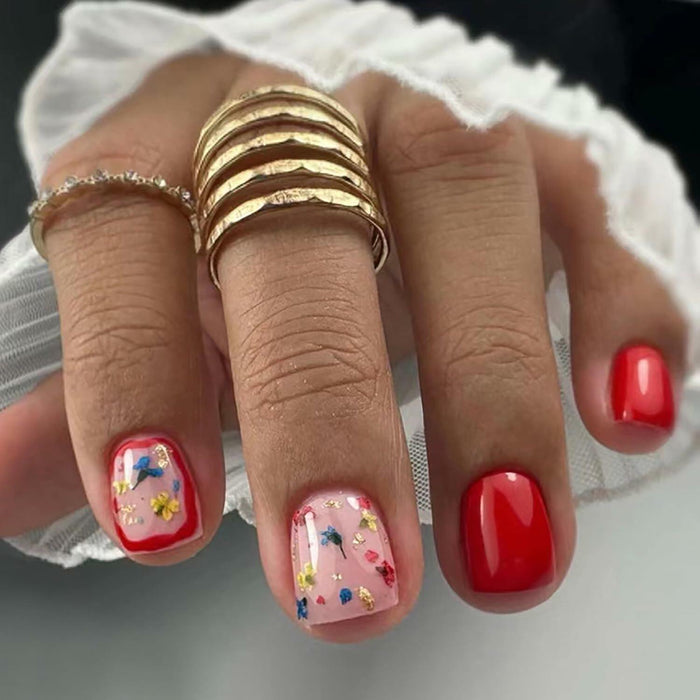 LYLYNB 24pcs Wine Red Floral Square False Nails Glossy Full Cover Set by Deal US