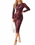 Dye Fall Women Formal Long Sleeve Bodycon Dress Crew Neck Wine M by Deal US