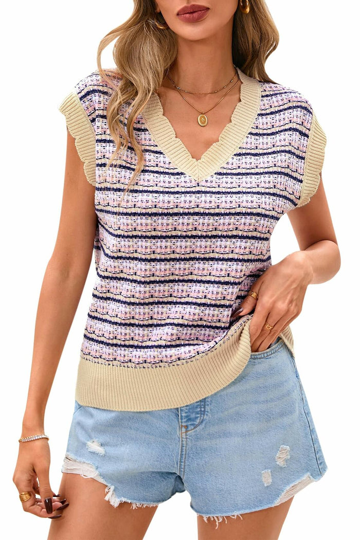 CFLONGE Women Sleeveless Striped Sweater Vest Cropped Knit Tank Top Pink XL by Deal US