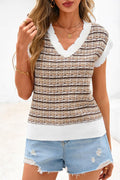 CFLONGE Women's Striped Crochet Knit Sweater Vest Khaki Size Large by Deal US