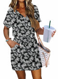 AUSELILY Women V Neck Summer Swing Dress Short Sleeve Pockets Leaf 2XL by Deal US