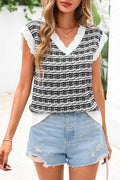 CFLONGE Women Sleeveless Striped Sweater Vest Cropped Knit Black White XXL by Deal US