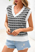 CFLONGE Women Sleeveless Striped Sweater Vest Cropped Knit Black White XXL by Deal US