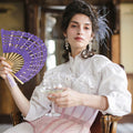 TopTie Dark Blue Lace Folding Fan Bamboo Hand Fan with Tassel by Deal US