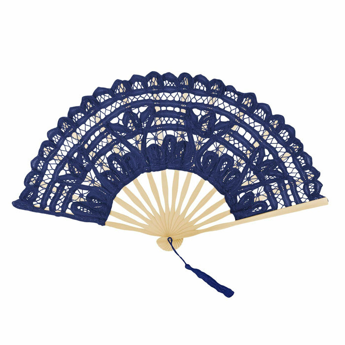 TopTie Dark Blue Lace Folding Fan Bamboo Hand Fan with Tassel by Deal US