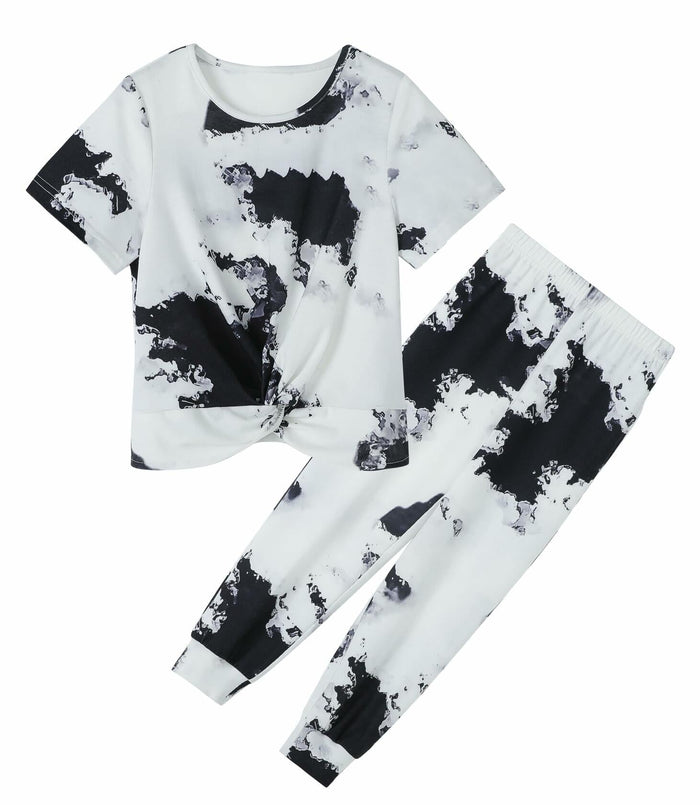 Hvididan Girls Tie Dye Twist Front Top & Sweatpants Set Black White Size 9-10Y by Deal US