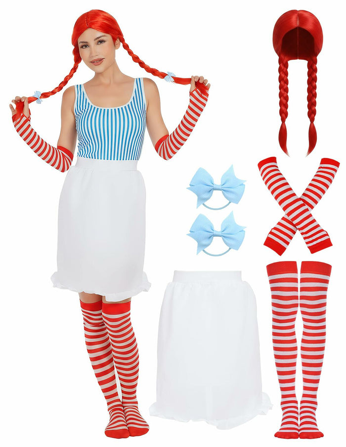 POEWAUVE Women Halloween Fast Food Costume Set Wig Apron Socks Gloves by Deal US