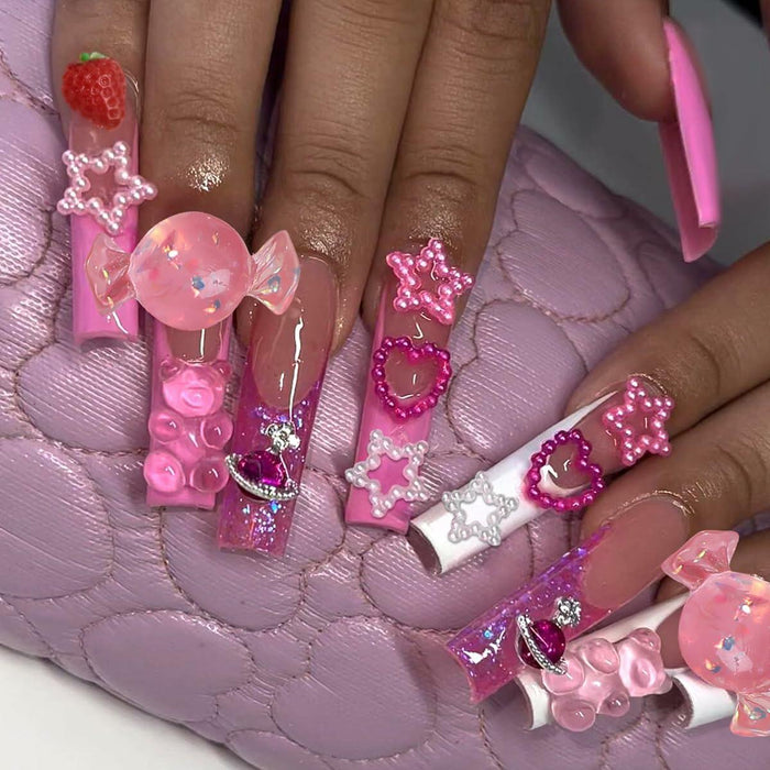 YEFIUO Pink Press On Nails 24 Pcs Long Square Full Cover Acrylic Set by Deal US