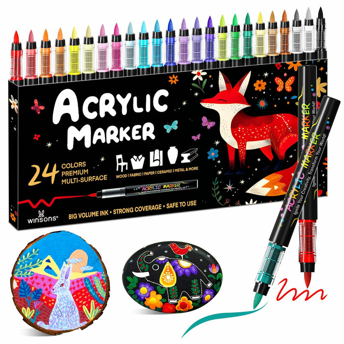 WINSONS 24 Colors Direct Liquid Ink Permanent Acrylic Markers Multi-Surface by Deal US