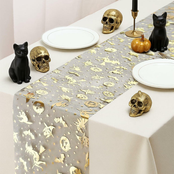 Sioloc Halloween Table Runner Gold Foil Witch Bat Pumpkin Sheer Polyester by Deal US