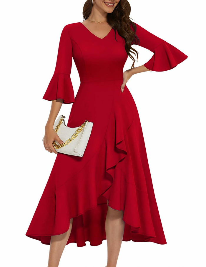 HomRain Elegant Formal Ruffle Hem Dress Red Size 3XL by Deal US