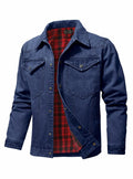 KAVIANA Men's Denim Jacket Flannel Lined Snap Closure Navy Blue Size XX-L by Deal US