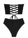 ZAFUL Women Strapless Bandeau Lace Up Bikini Set High Waisted Black Size S by Deal US