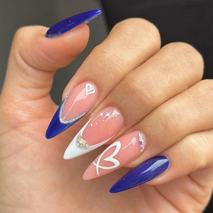 YEFIUO Press On Nails 24 Pcs Short Almond French Blue & White Rhinestones by Deal US