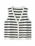 Chevara Women's Sleeveless Striped Sweater Vest V Neck White Size S by Deal US