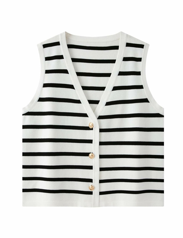 Chevara Women's Sleeveless Striped Sweater Vest V Neck White Size S by Deal US