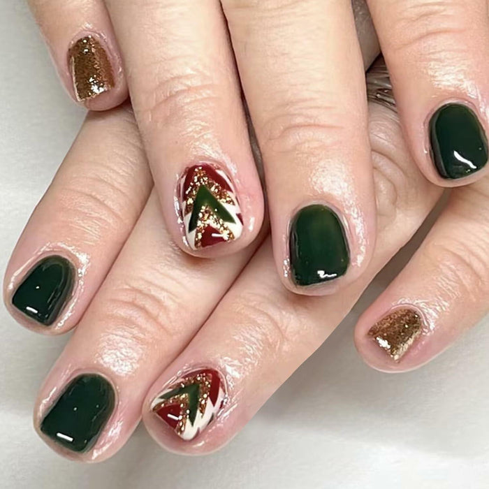 WLGDLH 24Pcs Dark Green Square Christmas Tree Glitter Press On Nails by Deal US