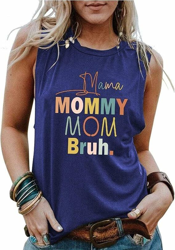 IEUGOH Women Mama Mommy Mom Bruh Tank Top Graphic Print Sleeveless Vest Blue L by Deal US