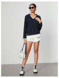 WDIRARA Women's V Neck Letter Graphic Sweatshirt Navy Blue Size S by Deal US