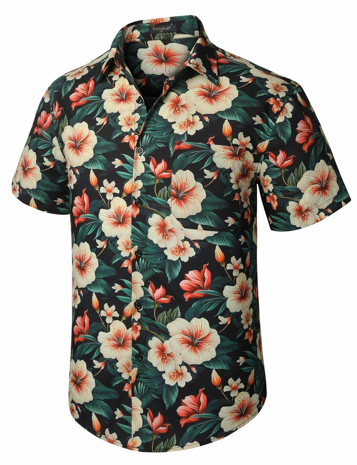 Enlision Men's Floral Hawaiian Shirt Short Sleeve Button-Down Black Size S by Deal US