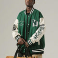 Crazyfire Mens Varsity Letterman Bomber Jacket Leather Sleeves Black Size S by Deal US