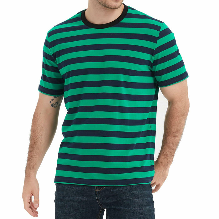 LEDING Stripes Men's Summer Cotton Short Sleeve Crew Neck T-Shirt Green&Blue S by Deal US