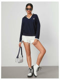 WDIRARA Women's V Neck Letter Graphic Sweatshirt Navy Blue Size S by Deal US