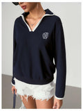 WDIRARA Women's V Neck Letter Graphic Sweatshirt Navy Blue Size S by Deal US