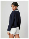 WDIRARA Women's V Neck Letter Graphic Sweatshirt Navy Blue Size S by Deal US
