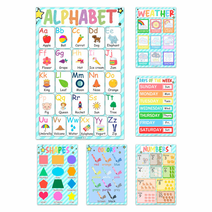 ARNOLILI Toddler Educational Canvas Posters 6 Pack ABC Numbers Shapes 12x18in by Deal US