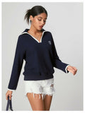 WDIRARA Women's V Neck Letter Graphic Sweatshirt Navy Blue Size S by Deal US