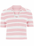 Saodimallsu Womens Cropped Striped Sweater Top V Neck Pink by Deal US
