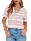 Saodimallsu Womens Cropped Striped Sweater Top V Neck Pink by Deal US