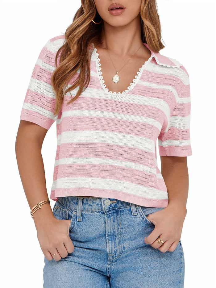Saodimallsu Womens Cropped Striped Sweater Top V Neck Pink by Deal US