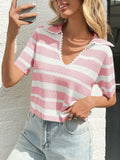 Saodimallsu Womens Cropped Striped Sweater Top V Neck Pink by Deal US