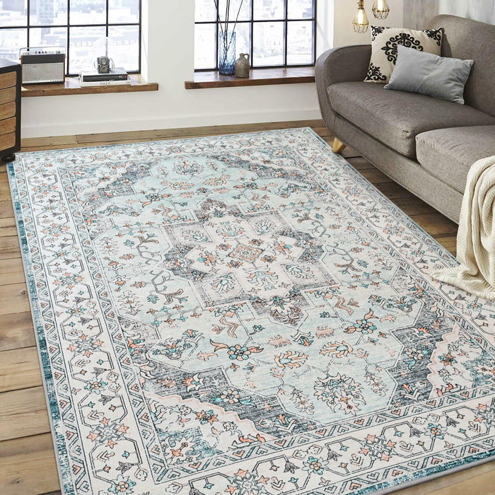 FlyDOIT Vintage 5x8 Blue Floral Medallion Washable Area Rug by Deal US