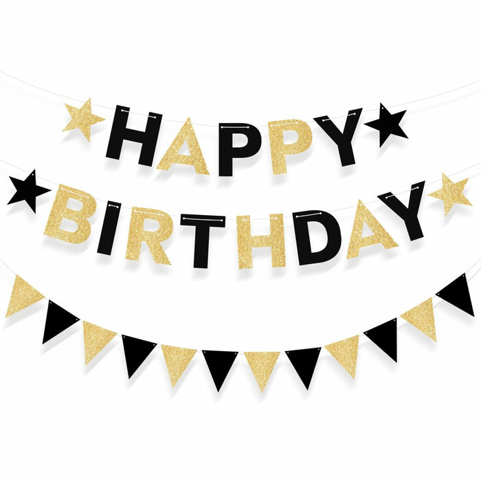 Black and Gold Happy Birthday Banner Pre-Strung Garland for Men Party Decor by Deal US