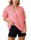 MSBESYOR Women Puff Short Sleeve Striped V Neck Blouse Pink Size M by Deal US