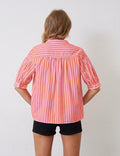 MSBESYOR Women Puff Short Sleeve Striped V Neck Blouse Pink Size M by Deal US